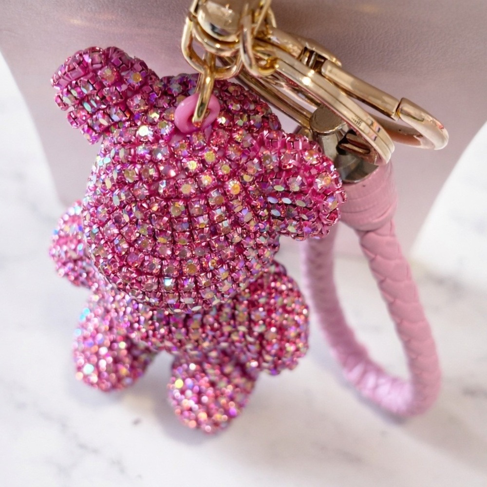Natasha Pink Rhinestone Teddy Bear Handbag Charm Key Ring Braided Strap Bling - Picture 4 of 4